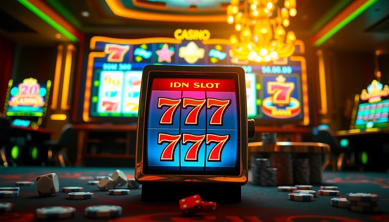 Capture the excitement of winning at the idn slot machine with vibrant casino elements around.