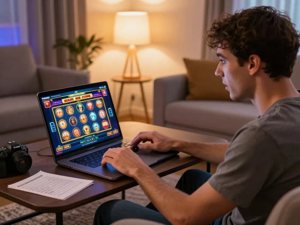 Player engaging with online gambling at https://lv88cha.com/ on a laptop with cozy home setup, showcasing a responsible gaming atmosphere.