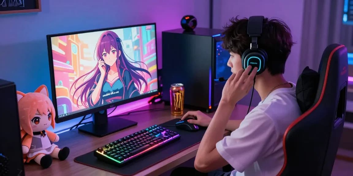 Player engaging with hentai games on a stylish gaming setup, showcasing anime art and vibrant atmosphere.