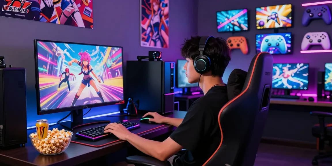 Engaged player enjoying an immersive ecchi game in a vibrant gaming lounge.