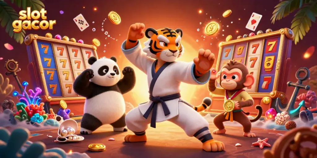 Engage with slot gacor excitement through a vibrant, animated scene featuring a kung fu tiger, panda disciple, and monkey student.