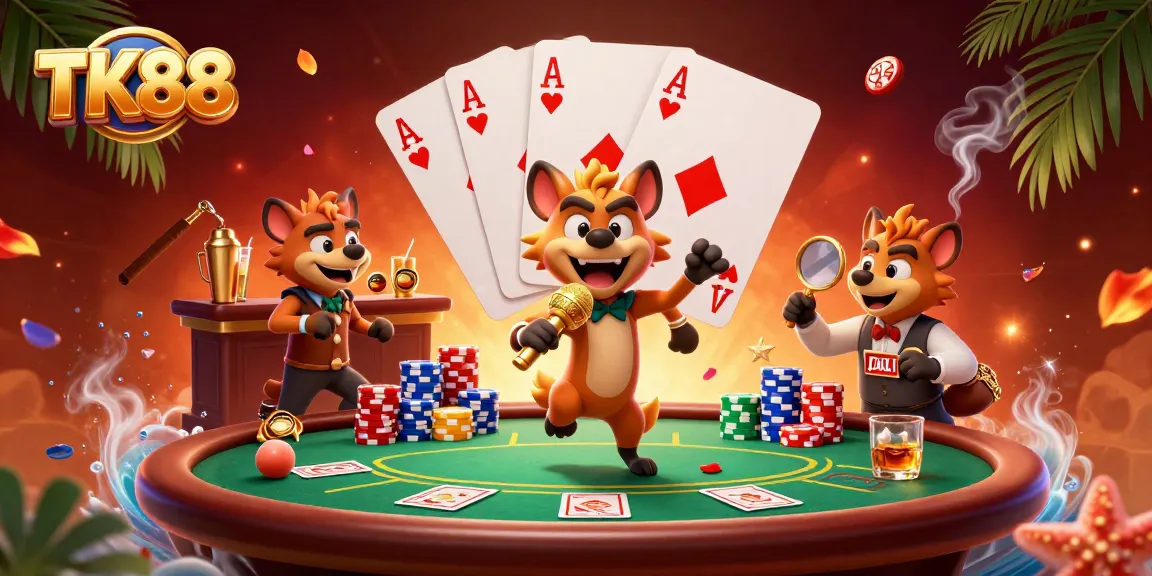 TK88 enhances the thrill of gambling with hyena characters in a vibrant casino scene.