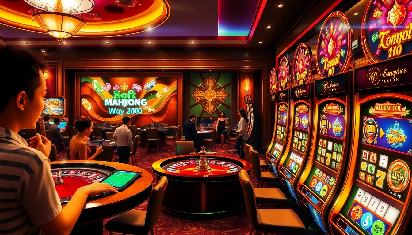 A vibrant casino table showcasing an akun demo featuring Mahjong Ways Gacor with glowing slot machines and poker chips.