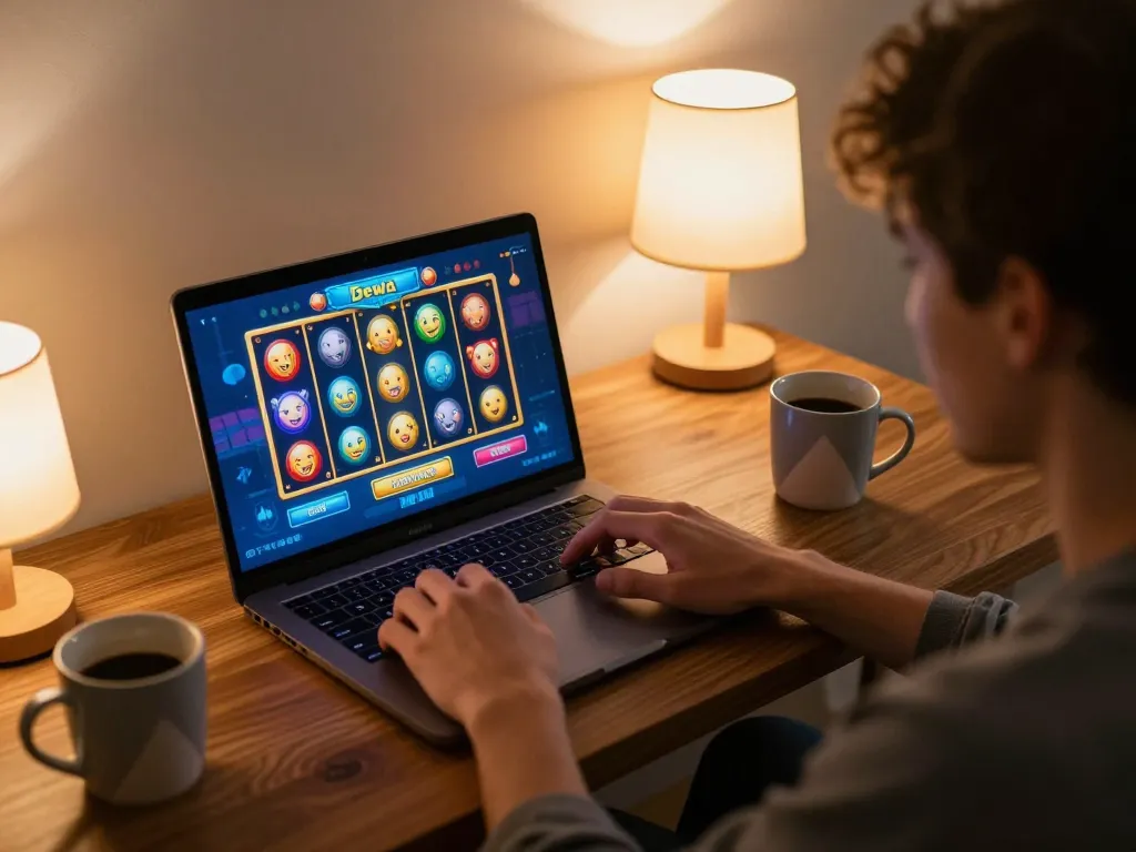Engaging in dewa slot gameplay on a cozy home setup, showcasing a vibrant online casino experience.
