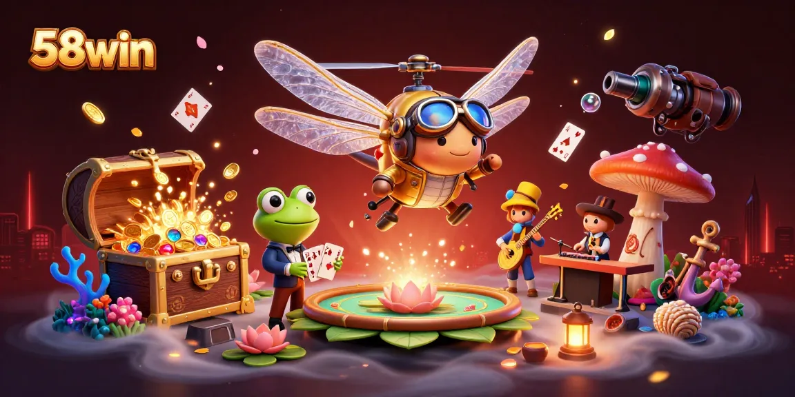 Experience the thrill of 58win with a dragonfly pilot and frog croupier at a vibrant casino scene.