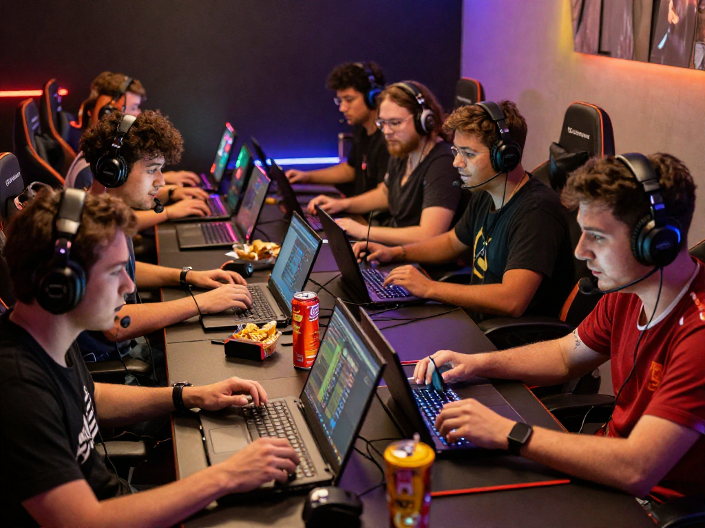 Group of gamers enjoying multiplayer games on mpocash.blog, showcasing vibrant gaming equipment and intense focus.