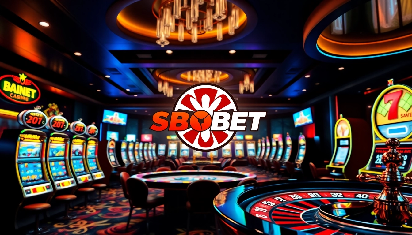 SBOBET logo in a luxurious online casino setting with sports betting options, highlighting excitement.