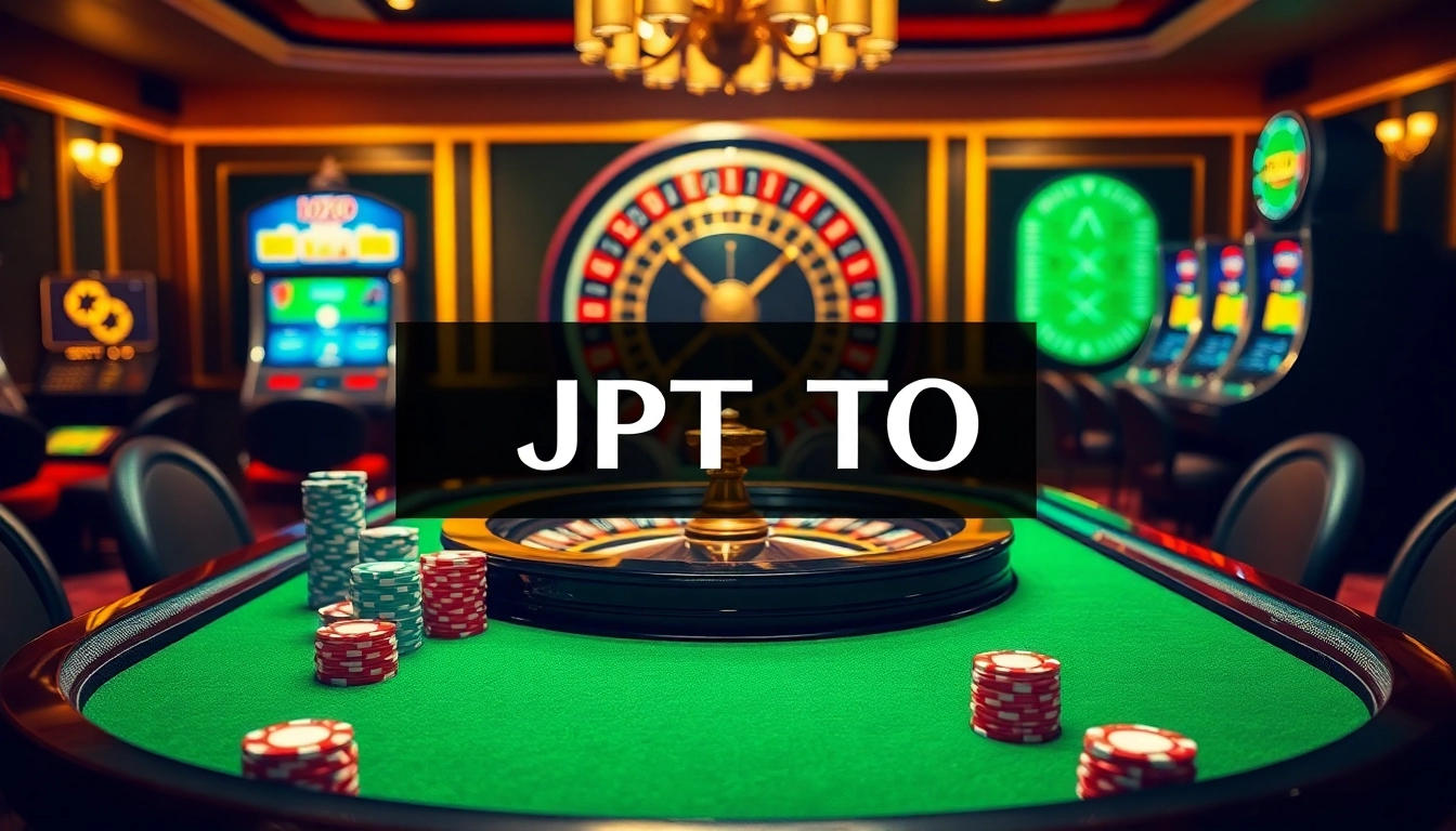 Rasakan pengalaman permainan mendebarkan di JPTOTO, menampilkan suasana kasino yang hidup dengan chip poker dan roda roulette.