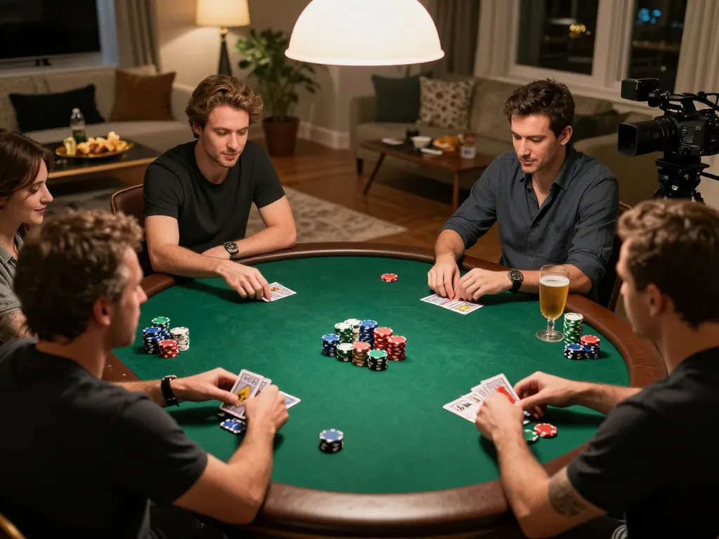 Exciting poker game at home showcasing Poker88 Alternatif Link strategy and friends socializing.