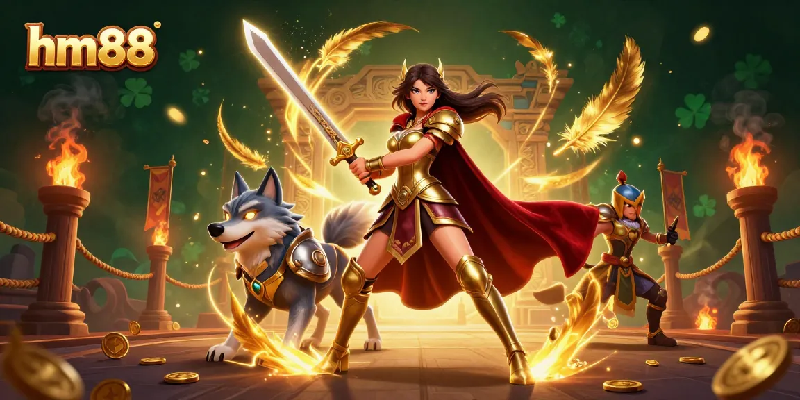 Engage with thrilling games at hm88, featuring a warrior queen and her wolf companion in a spectacular casino showdown.