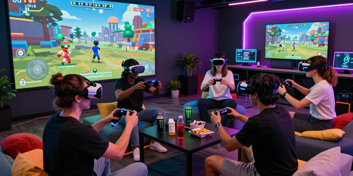 Friends playing immersive games at https://www.mpocash.net/ in a vibrant VR gaming setup