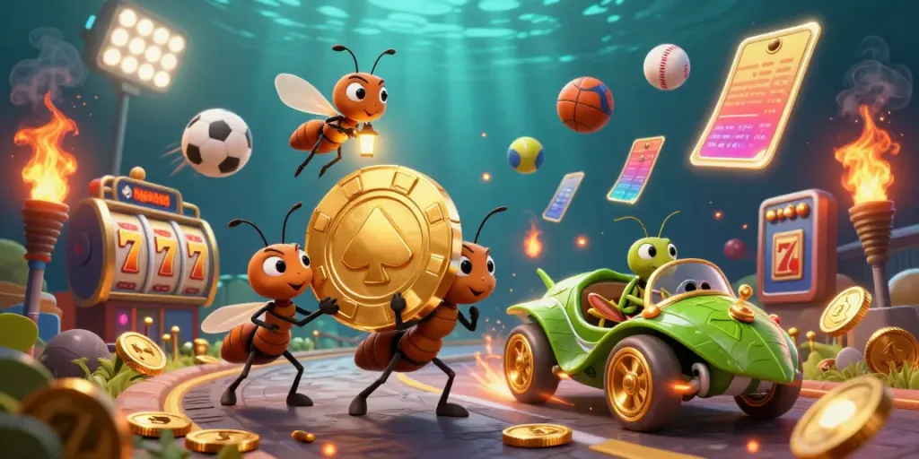 Engage in the action-packed mega888 slot adventure with ants carrying a giant poker chip in a dynamic underground heist scene.