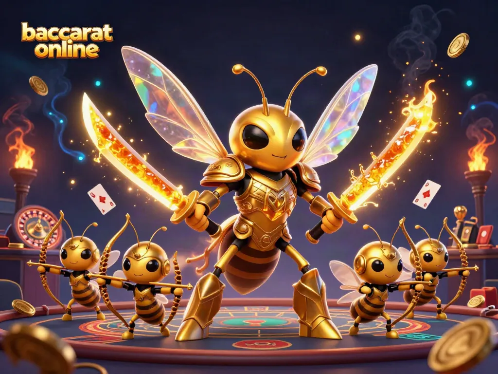Compete in baccarat online with a dynamic scene of a golden hornet and bee archers at a casino table.