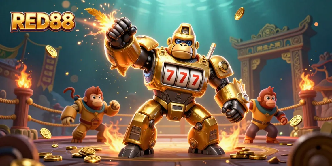 Experience the thrill of RED88 with a dynamic scene featuring a golden gorilla mech and casino elements.