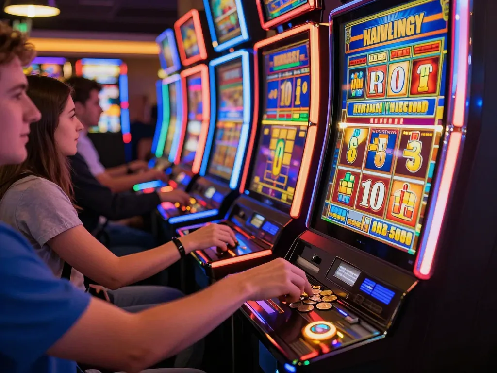 Engaging scene of players at vibrant slot machines enjoying slot pulsa gaming action.
