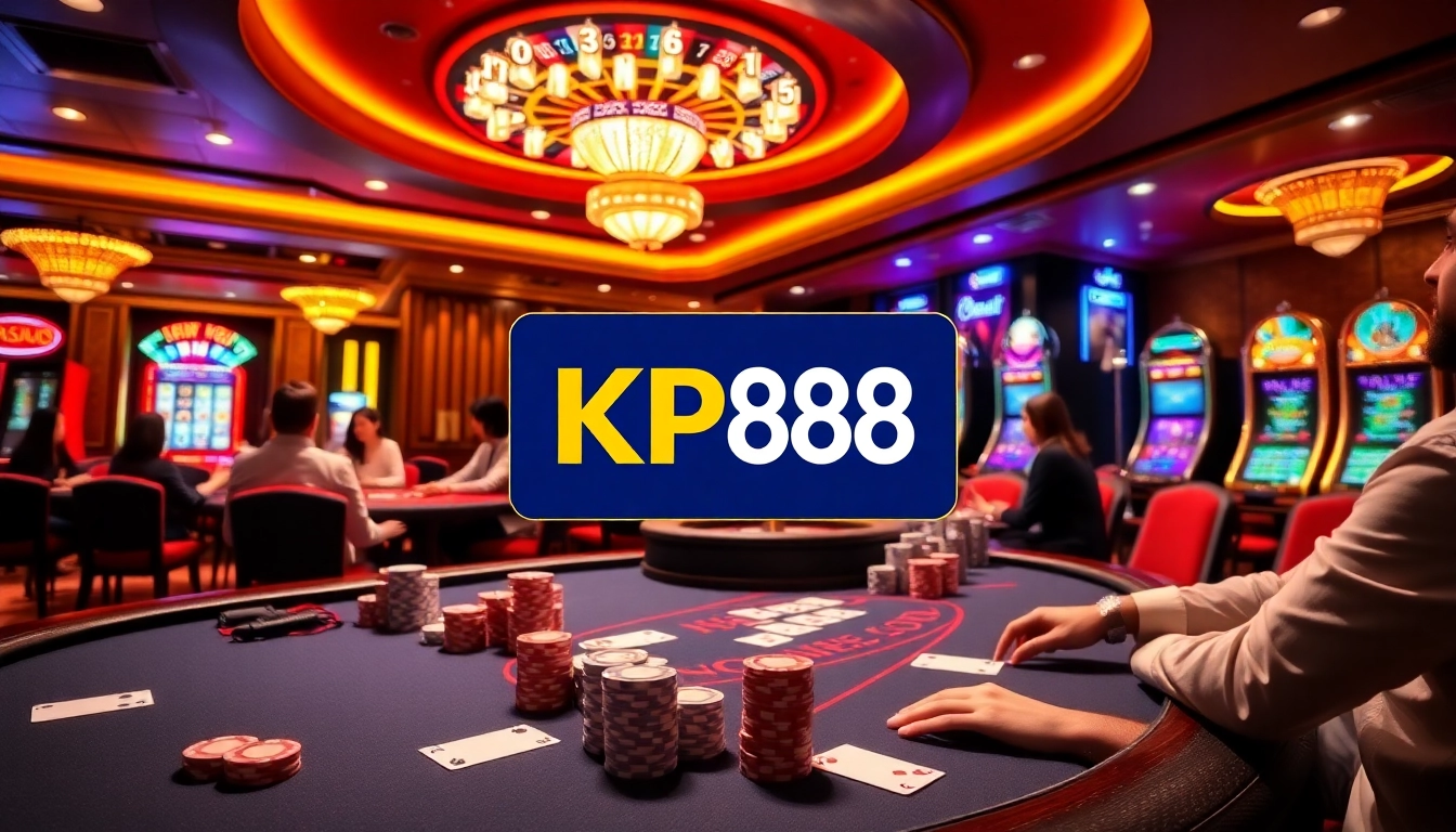 Exciting gameplay at KP88 casino with poker chips, cards, and roulette wheel.