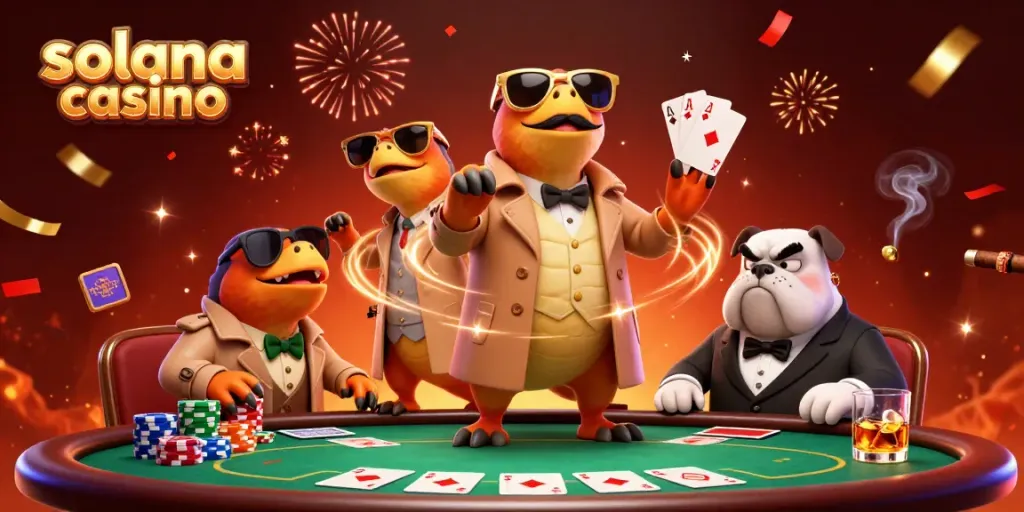 Engage with advanced gaming at a Solana casino with three clever raptors and a bulldog bouncer.