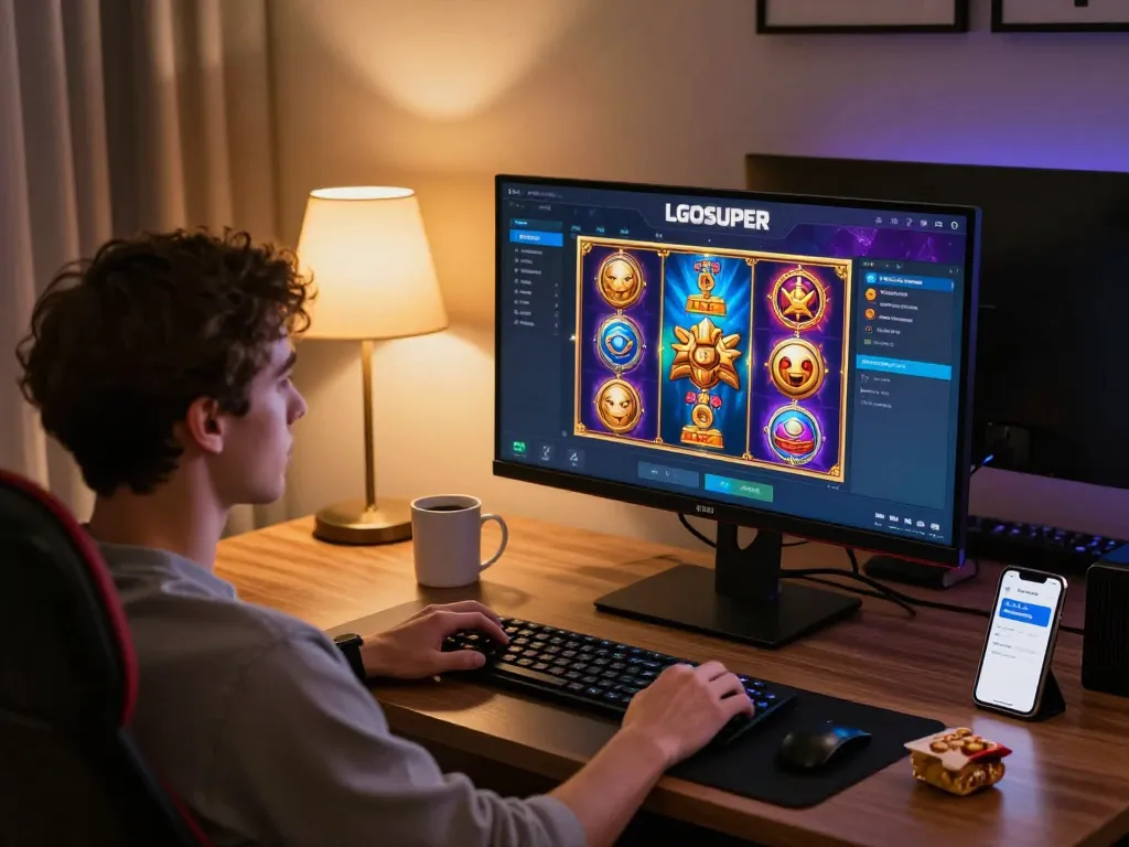Engaging with LGOSUPER's online slot games during a cozy home gaming session.