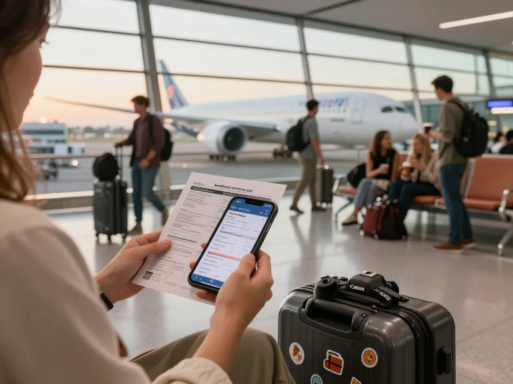Excited traveler at the airport terminal with 789P boarding pass, showcasing the thrill of travel.
