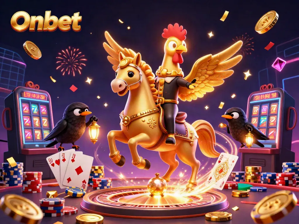 Experience thrilling gameplay at Onbet with a carnival of glimmering coins and a golden rooster in a grand casino setting.