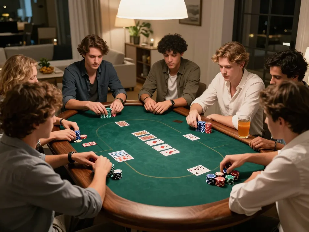 Friends engaging in a friendly poker game at home, embodying the strategy and excitement of gambling with nego77