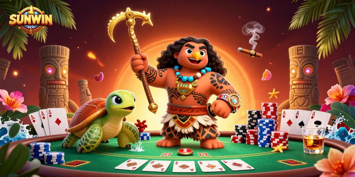 SUNWIN immerses you in a vibrant casino scene with a poker showdown featuring colorful chips and cards.