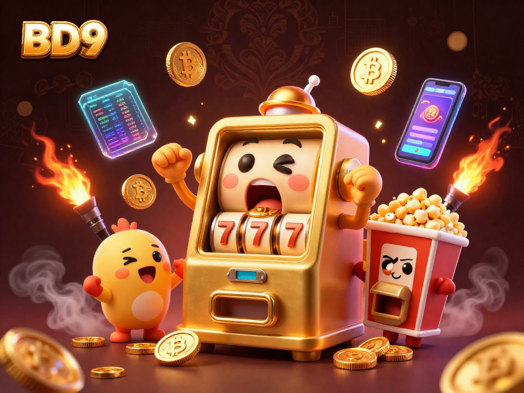 BD9 slot machine wins big as coins burst out, symbolizing excitement in online gaming.
