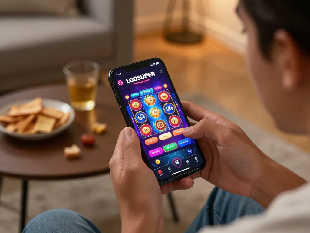 Playing slots on LGOSUPER app in a cozy living room setting with casual snacks.
