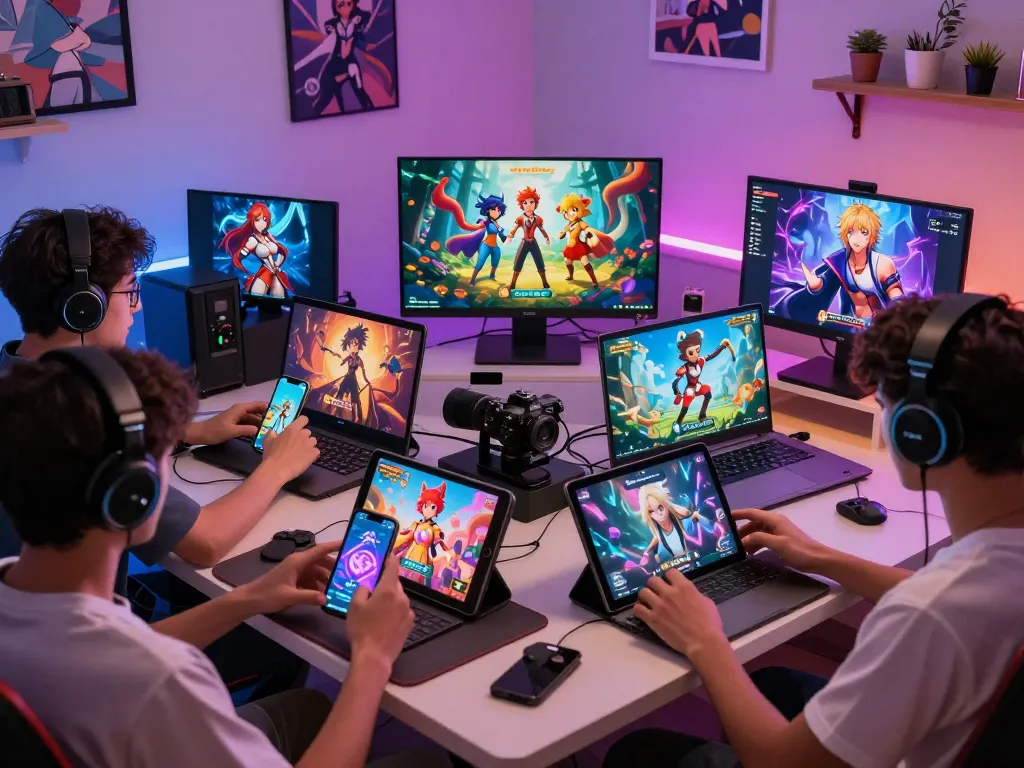 Players enjoying a variety of sex games on multiple devices in a cozy gaming nook.