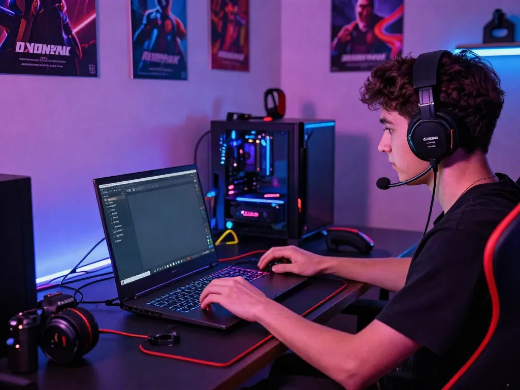 Engaged gamer using ORION88 APK on a high-end gaming laptop