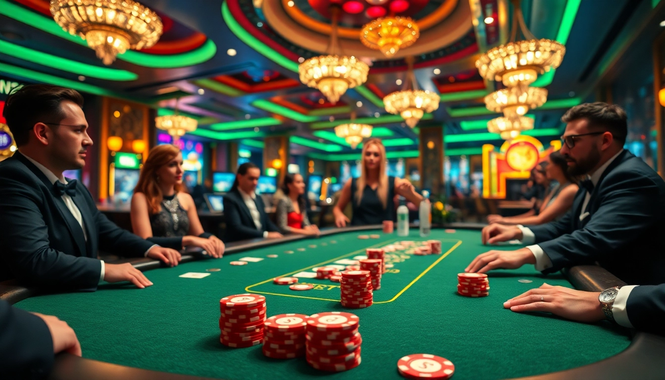 Experience thrilling games at top casinos with vibrant poker table and luxurious setting.