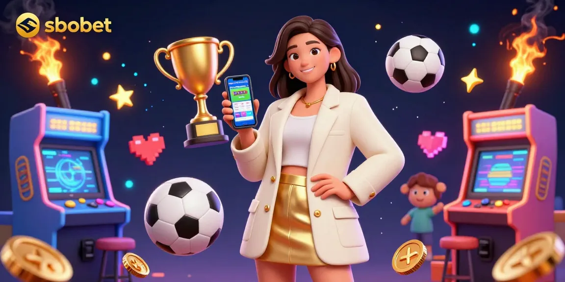 Engage with sbobet’s sports betting app showcased by a smiling Asian woman amidst vibrant casino elements.
