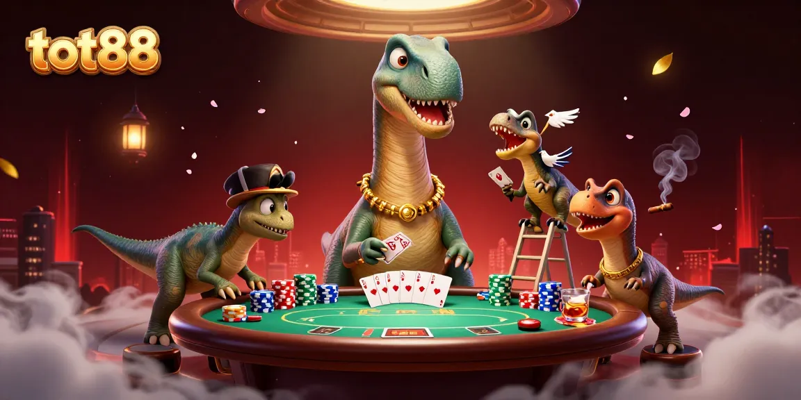 Engage with tot88 as a brontosaurus peers down at a poker game while a clever raptor deals cards.