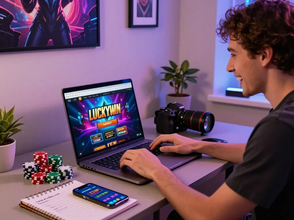 Engaged user playing on https://luckywin.free/ in a modern gaming setup, vibrant atmosphere with casino elements.