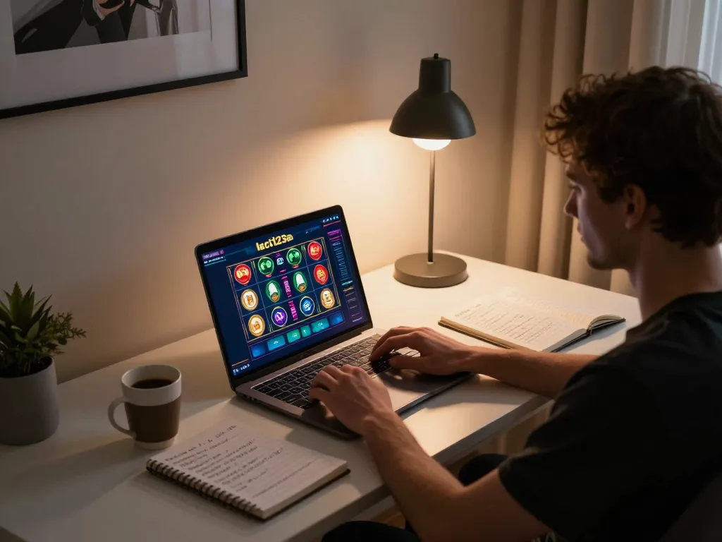 Antarmuka permainan leci123a yang menarik ditampilkan di laptop selama sesi perjudian online di pengaturan rumah yang nyaman