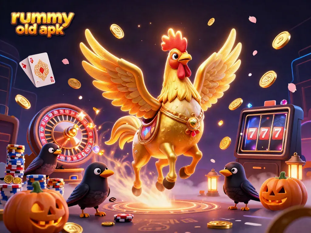 Experience thrilling gameplay with rummy old apk as a golden rooster rides through a vibrant casino.