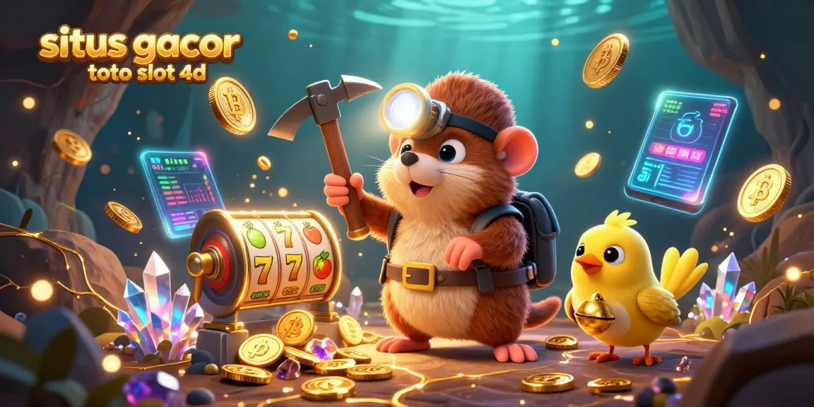 An exciting scene of a treasure hunter mole and canary capturing moments at situs gacor toto slot 4d, with vibrant slot reels and glowing crypto coins.