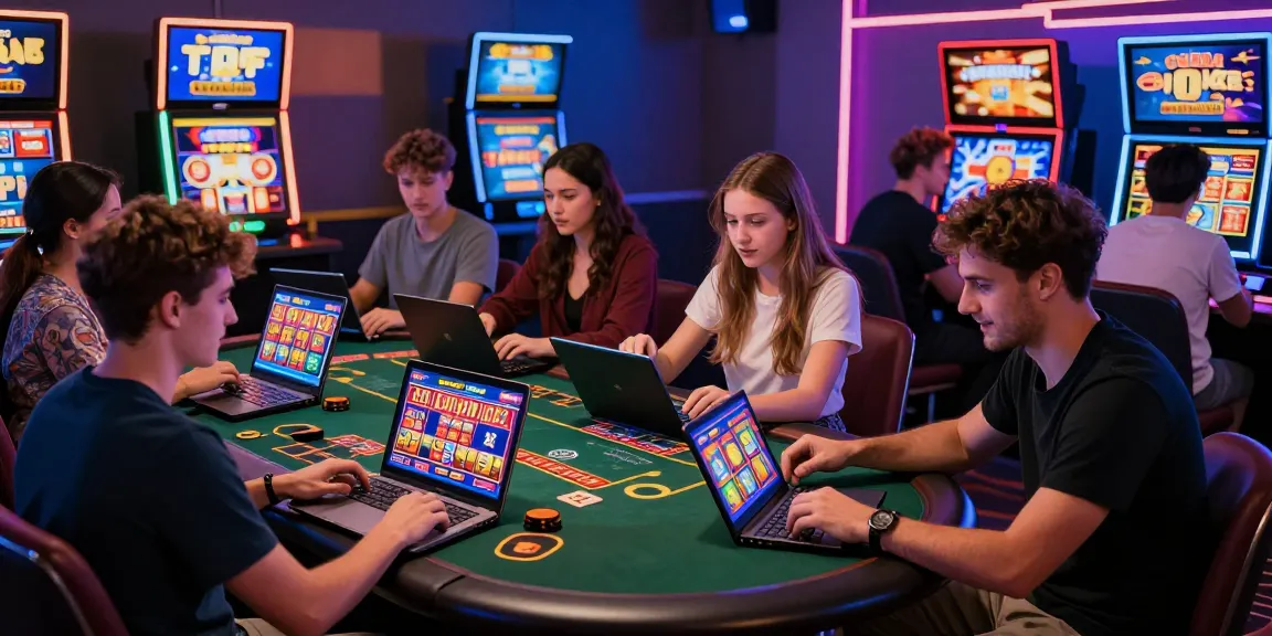 Exciting group of friends enjoying new online casinos UK gaming on laptops and tablets in a vibrant, illuminated atmosphere.