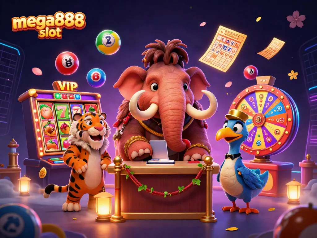 Experience mega888 slot excitement with a vibrant scene of casino characters and dynamic game elements.