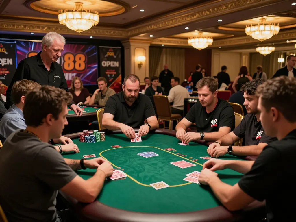 Players enjoy an open 88 poker tournament under warm casino lights, showcasing strategic gameplay.
