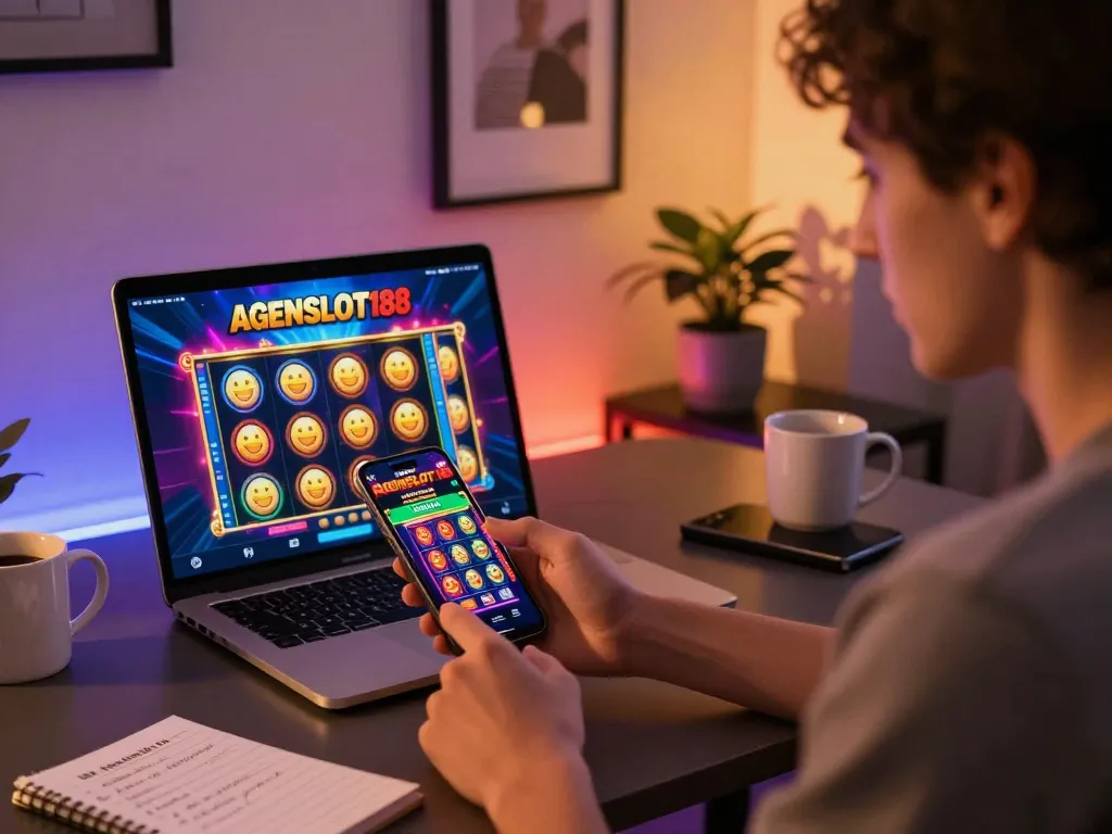 Engage with gincal by playing slots on a smartphone in a cozy, modern home office.