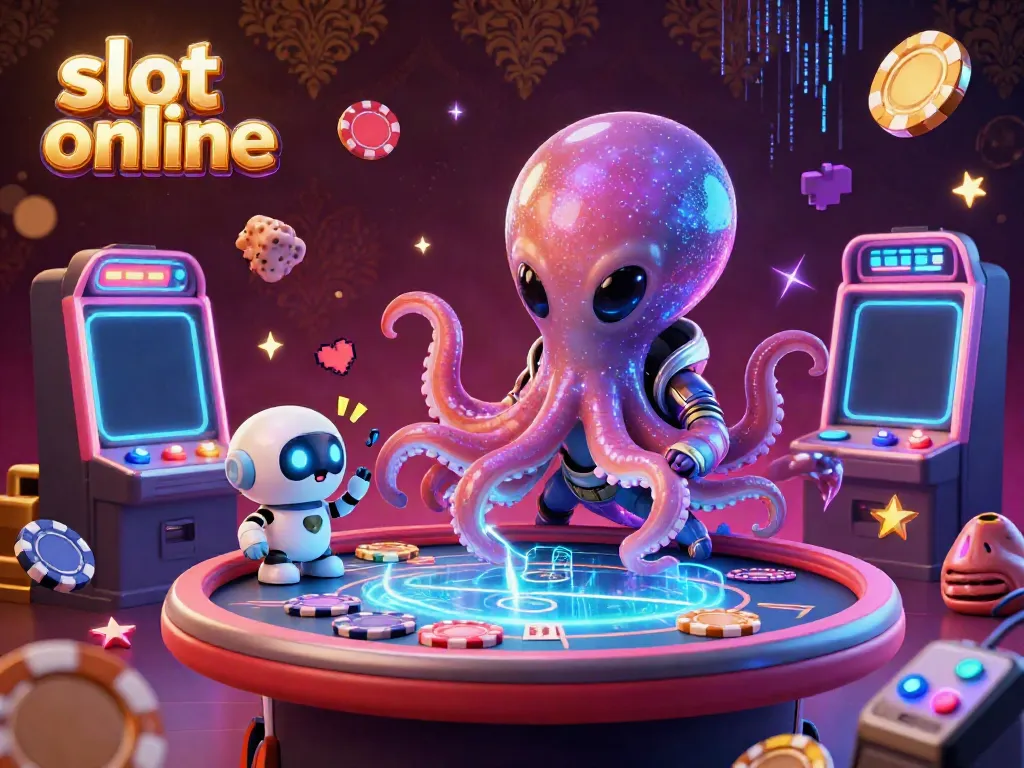 Engage with slot online in this dynamic scene featuring an alien octopus and a robot at a poker table.
