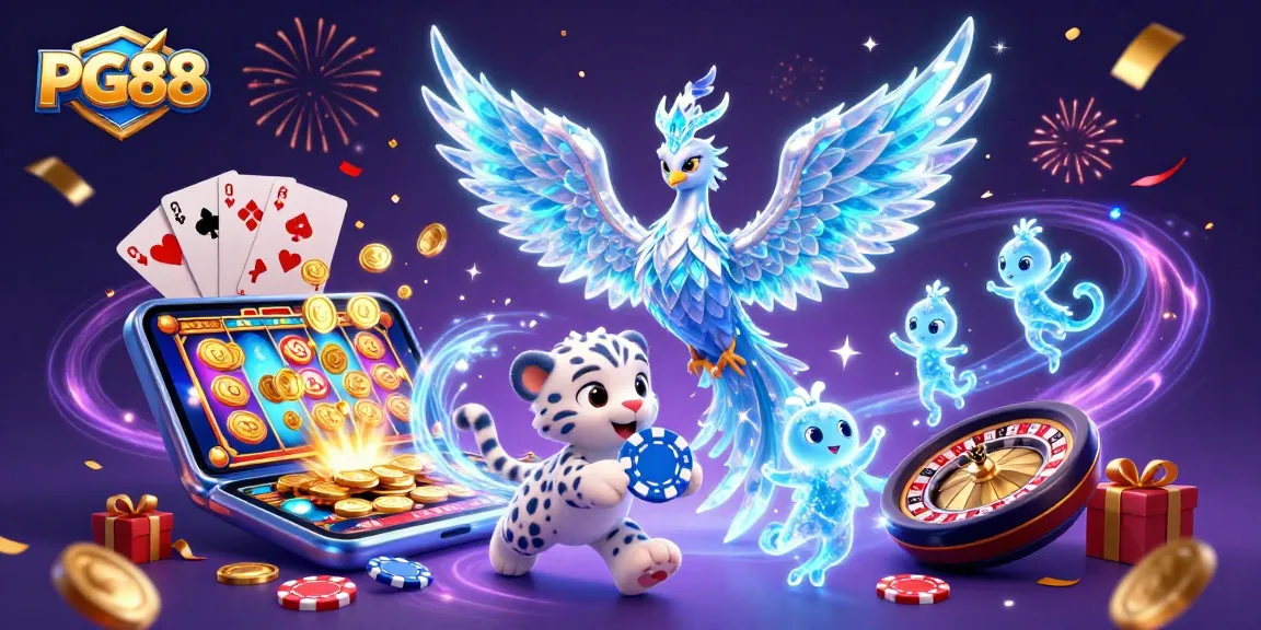 Engage with PG88 at this lively casino scene featuring vibrant game elements and characters.