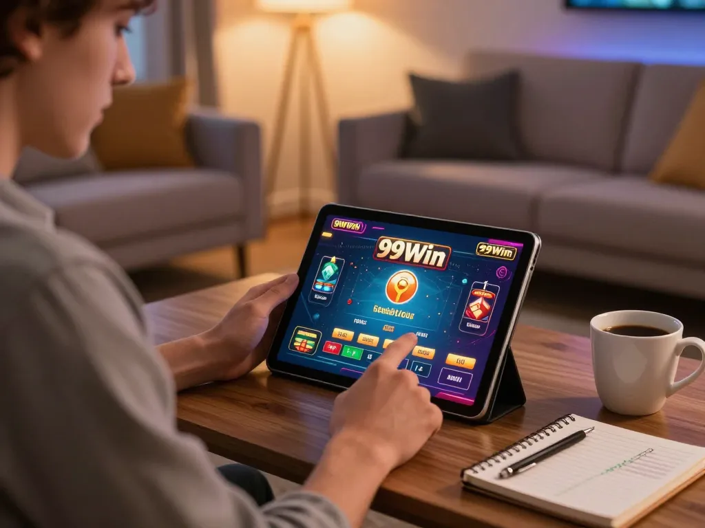 Engaging player using tablet for 99Win online casino game with strategy notebook beside.