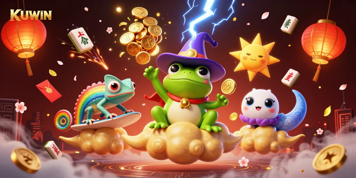 KUWIN offers a thrilling casino experience with golden coins and lucky symbols in a vibrant 3D scene.