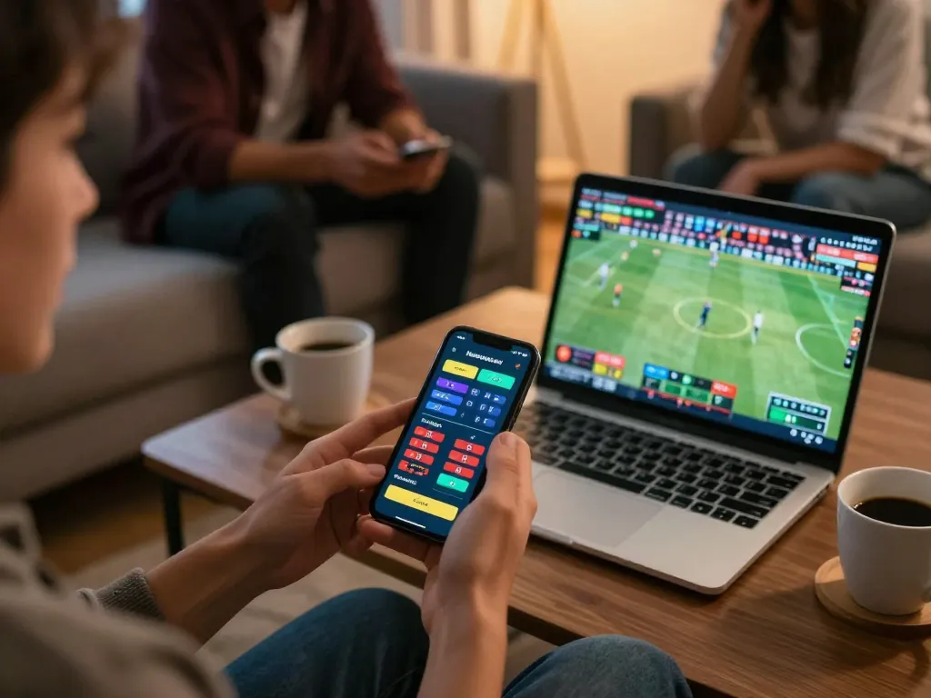 Engaging sports betting session on cm88 smartphone with live event displayed in cozy home setting.