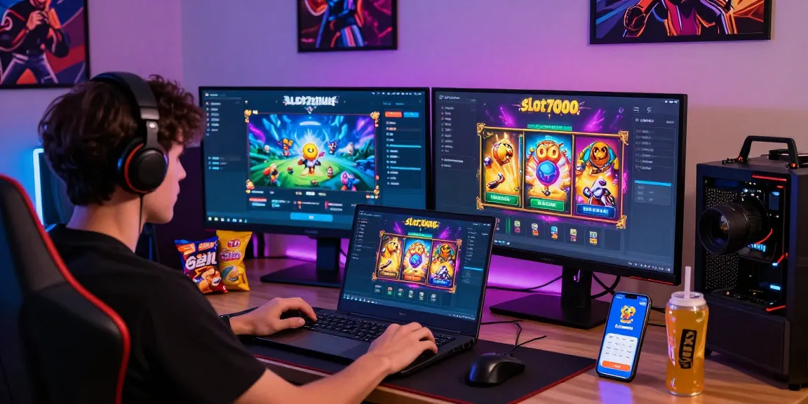 Gamer using slot7000 on laptop surrounded by gaming gear and colorful interface.