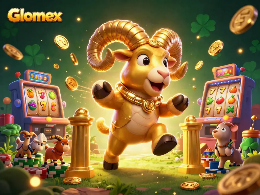 Spin and win with Glomex's golden ram and dynamic slot machines in an action-packed casino scene.