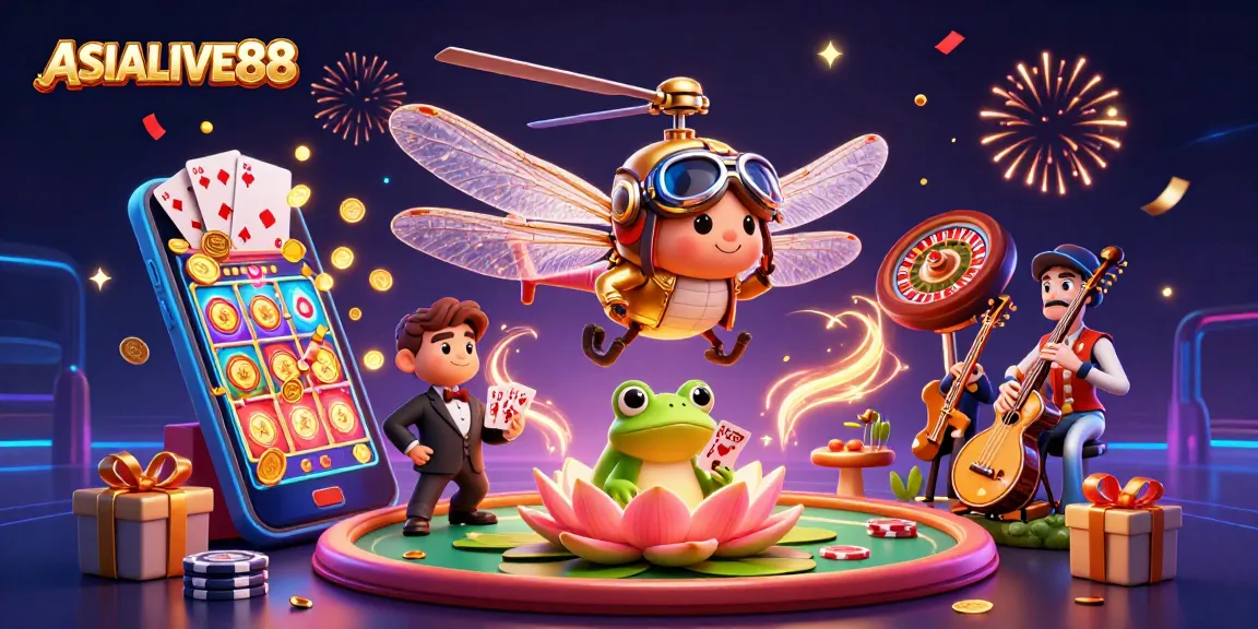 Experience the thrill of ASIALIVE88 with immersive casino action and game elements in a vibrant 3D illustration.