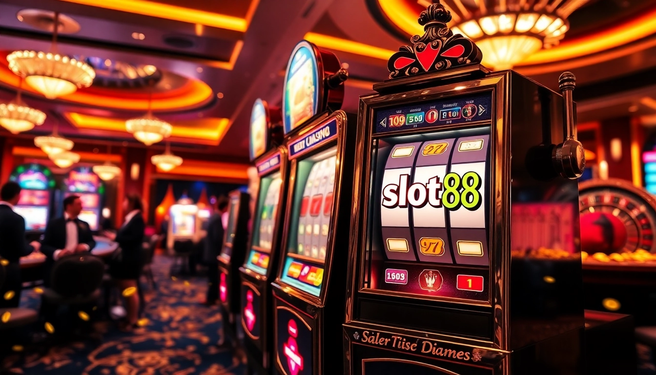 Mesin slot88 yang mendebarkan dikelilingi oleh chip dan koin, menciptakan suasana kasino yang mendebarkan.